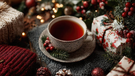 Experience the warmth of a cozy Christmas morning with a cup of tea surrounded by festive decorations, gifts, and holiday cheer on a rustic table.の素材