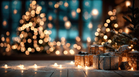 Experience the enchanting ambiance of a festive holiday scene, complete with beautifully wrapped gifts, glowing Christmas lights, and a stunning tree backdrop.の素材