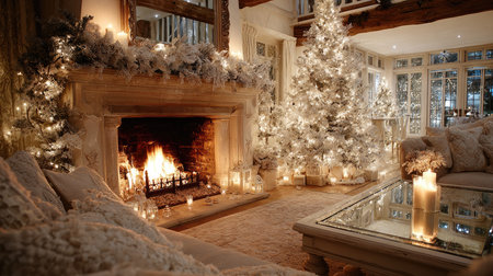 This inviting winter living room features a beautifully decorated Christmas tree, a warm fireplace, and cozy furnishings, creating a perfect festive atmosphere.の素材