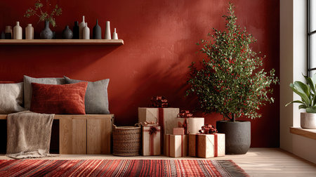 This image captures a cozy living room adorned with a red wall, a beautifully decorated Christmas tree, and neatly wrapped gifts creating a festive ambiance.の素材