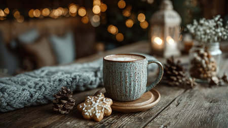 A cozy scene featuring a warm beverage in a textured mug, accompanied by a festive cookie and pine cones, set against a backdrop of soft holiday lights.の素材
