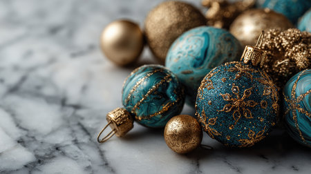 Delight in the beauty of blue and gold Christmas ornaments arranged on a marble surface, perfect for holiday celebrations and festive decorations this season.の素材