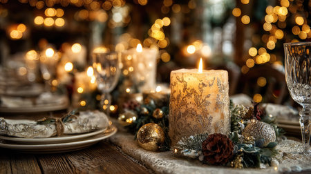 A beautifully crafted Christmas table setting featuring a glowing candle, elegant tableware, and shimmering decorations, creating a warm festive atmosphere.の素材