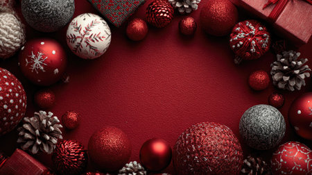 A vibrant arrangement of red and white ornaments, pinecones, and gift boxes on a dark background, perfect for celebrating the holiday season.の素材