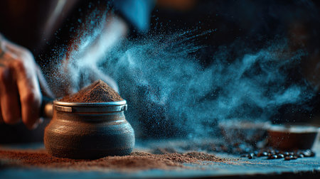 A captivating image showcasing hands skillfully sifting ground coffee powder in a dark kitchen. The movement creates an enchanting dusty cloud, emphasizing the beauty of the coffee-making process. Ideal for culinary and beverage contexts.の素材