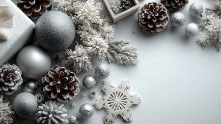 This stunning arrangement features a mix of silver and white holiday decorations, including pinecones and snowflakes, perfect for a cozy winter setting.の素材