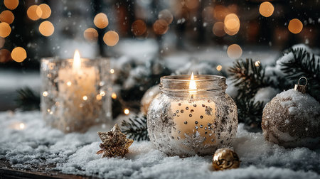 Experience the warmth and charm of a winter holiday scene featuring glowing candles nestled in snow, surrounded by elegant ornaments and festive decorations.の素材