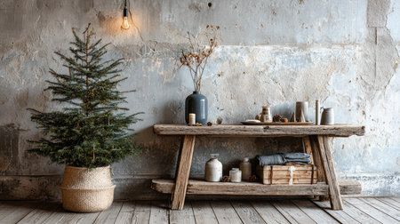 This charming interior features a rustic wooden table adorned with minimalist decor, a cozy Christmas tree, and warm natural lighting, creating a welcoming atmosphere.の素材
