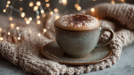 A beautifully styled coffee cup rests on soft knit fabric, embellished with warm lights, creating a cozy and inviting atmosphere perfect for relaxation.の素材