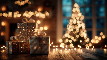 This cozy Christmas scene features beautifully wrapped gift boxes in front of a decorated tree, illuminated by warm lights, creating a festive atmosphere.の素材