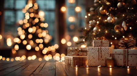 A warm and inviting winter scene featuring a beautifully decorated Christmas tree adorned with ornaments and twinkling lights, surrounded by presents that promise joy and surprise. The soft glow creates a magical atmosphere perfect for celebrating the holiday spirit indoors.の素材