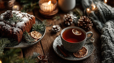 This captivating winter scene features a cozy arrangement of warm tea with a slice of festive cake, accented by pine decorations and soft candlelight.の素材