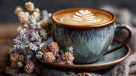 A serene depiction of a cozy coffee cup featuring exquisite latte art, surrounded by elegant dried flowers, set on a rustic wooden table.の素材