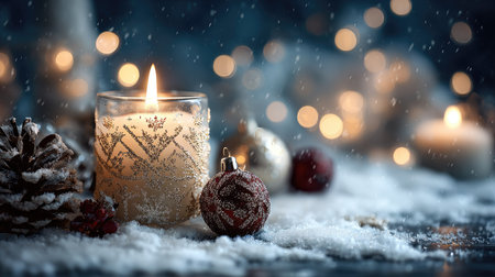 A serene winter scene featuring a glowing candle, festive ornaments, and delicate snowfall, evoking holiday warmth and a cozy atmosphere perfect for celebrations.の素材