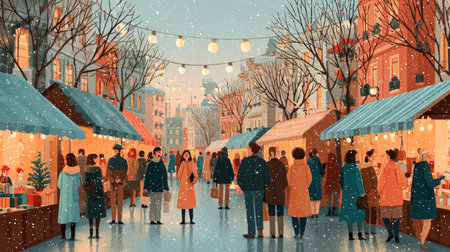 This enchanting winter market scene features twinkling lights, snow-covered stalls, and a joyful crowd celebrating the holiday spirit in a charming urban setting.の素材