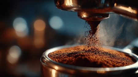 A close-up shot capturing the moment coffee powder is dispensed from a coffee grinder, emphasizing the rich texture and warmth of the brewing process.の素材