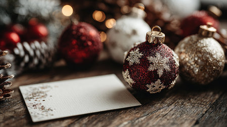A cozy holiday scene featuring sparkling red and gold Christmas ornaments alongside a blank card on a rustic wooden surface, perfect for festive greetings.の素材