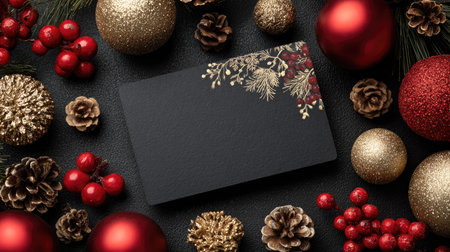 This image showcases an elegant blank card set against a backdrop of festive ornaments, pinecones, and berries, perfect for holiday celebrations.の素材