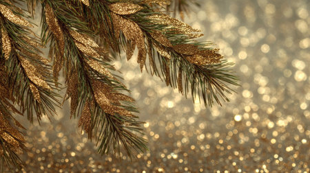 This captivating image features a dazzling golden tree branch adorned with glittering leaves against a blurred, sparkling background, ideal for festive themes.の素材