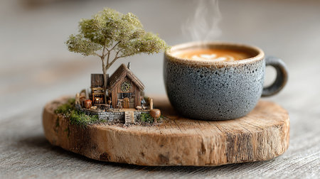 A charming miniature cottage surrounded by greenery sits beside a steaming cup of coffee on a wooden slice. This picturesque scene invites relaxation and creativity.の素材