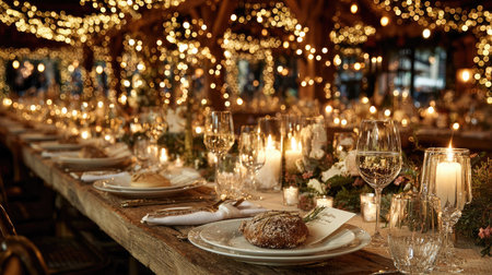 A beautifully arranged dining table adorned with candles, glassware, and fairy lights creates an inviting atmosphere for festive celebrations.の素材