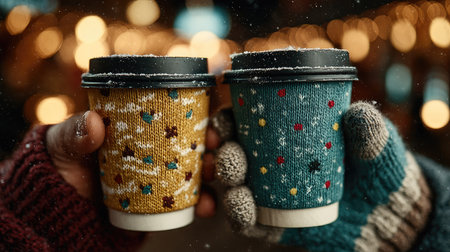 Two hands hold colorful coffee cups adorned with festive patterns, surrounded by soft winter elements and sparkly lights, creating a warm and inviting atmosphere.の素材