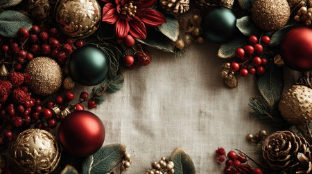 A beautifully arranged display of holiday decorations featuring red and green ornaments, pinecones, and floral elements on a textured background, perfect for festive themes.の素材