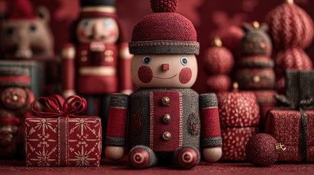 This charming image features a festive nutcracker toy with red and gray accents, surrounded by vibrant holiday decorations and wrapped gifts. Perfect for capturing the spirit of the season.の素材