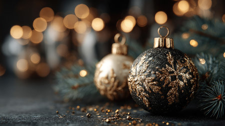 A stunning display of elegant Christmas ornaments featuring gold accents on black and gold surfaces, set against a backdrop of soft, blurred lights and evergreen branches, creating a warm and inviting holiday atmosphere.の素材