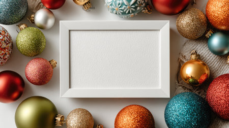 A cozy composition featuring a blank frame surrounded by colorful Christmas ornaments in various shades. Perfect for holiday designs and celebrations.の素材