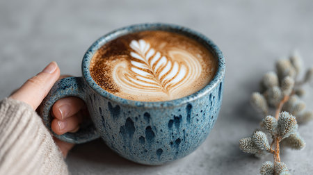 A serene moment featuring a beautifully crafted latte with a delicate leaf design in a textured blue mug, surrounded by soft natural elements, perfect for a cozy atmosphere.の素材