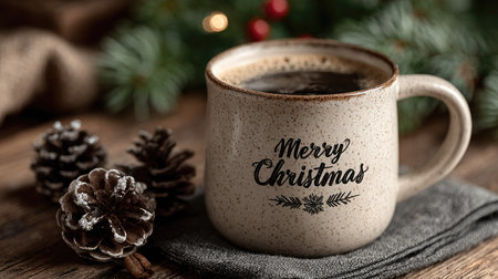 This cozy image features a festive coffee mug with "Merry Christmas" text, surrounded by pine cones and green foliage, perfect for winter celebrations.の素材