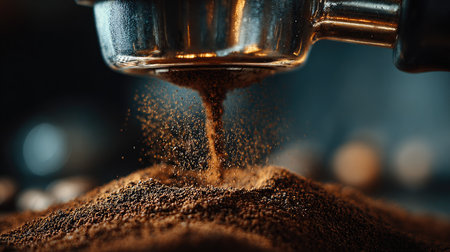 A captivating close-up of freshly ground coffee flowing from a portafilter, highlighting the rich texture and aroma in a cozy coffee shop environment.の素材