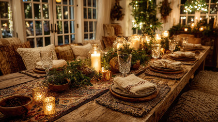 This beautifully set dining table captures the essence of a cozy holiday celebration, featuring soft candlelight and lush greenery, inviting warmth and joy.の素材
