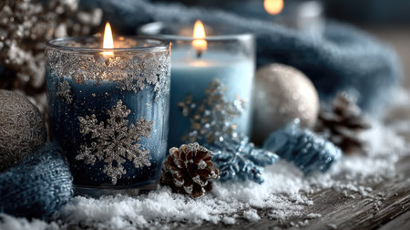 This elegant winter-themed arrangement features candles in blue tones, adorned with frost patterns, set on a snowy surface, creating a warm and cozy atmosphere.の素材