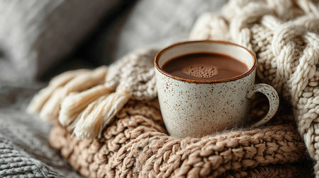 A cozy scene featuring a cup of hot chocolate resting on a warm knitted blanket, embodying comfort and relaxation in a beautifully styled home environment.の素材