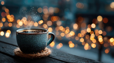 A steaming cup of coffee sits on a rustic wooden table, surrounded by soft bokeh lights, creating a cozy and inviting atmosphere perfect for relaxation.の素材