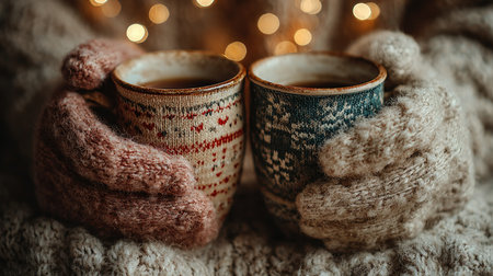 Two hands in warm knitted gloves hold cups of coffee or tea, creating a cozy atmosphere. Soft bokeh lights provide a festive background, perfect for winter.の素材