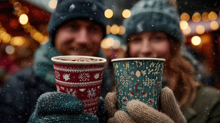 A cozy couple shares festive hot beverages in a snowy winter market setting, surrounded by warm lights and holiday decorations, radiating joy and togetherness.の素材