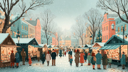 A picturesque winter market bustles with life under falling snowflakes, featuring colorful stalls, cheerful shoppers, and charming architecture.の素材