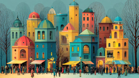 A captivating cityscape featuring colorful buildings and a lively atmosphere during winter. People gather in the streets, enjoying shops and community life.の素材