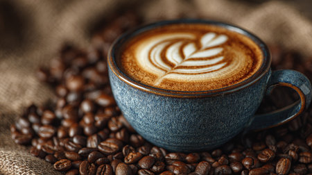 A beautifully crafted coffee cup filled with latte art sits atop a bed of roasted coffee beans, creating a cozy atmosphere perfect for a serene coffee moment.の素材