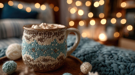 A cozy warm beverage in a knitted mug, topped with marshmallows, sits on a rustic tray. The soft textiles and warm bokeh lights create an inviting atmosphere perfect for relaxation.の素材