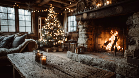 This charming rustic living room features a warm fireplace and beautifully decorated Christmas tree, creating a cozy winter atmosphere perfect for relaxation.の素材