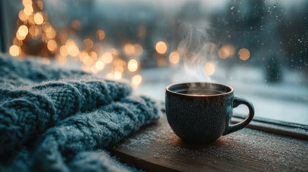 A cozy winter morning scene featuring a steaming cup placed on a wooden surface by a snow-covered window. Soft blanket adds warmth, and holiday lights create a serene ambiance.の素材