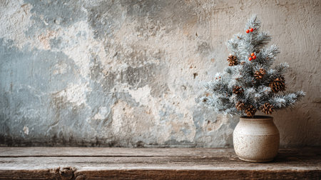 A small Christmas tree adorned with pinecones and berries sits in a rustic pot on a weathered wooden table. This charming arrangement evokes a festive atmosphere, perfect for the holiday season. The soft texture of the tree contrasts beautifully with the rough background, creating a serene and cozy setting.の素材