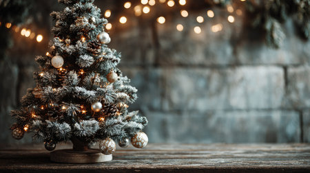 Charming small Christmas tree decorated with ornaments and twinkling lights, set on a rustic wooden table, perfect for creating a festive atmosphere.の素材