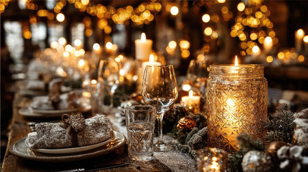 A beautifully arranged Christmas dinner table filled with candles, sparkling lights, and festive decor creates a warm, inviting atmosphere for holiday gatherings.の素材