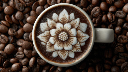 This image captures the beauty of latte art featuring an intricate flower design on a coffee cup. It is surrounded by roasted coffee beans, evoking a warm and inviting atmosphere perfect for coffee lovers.の素材