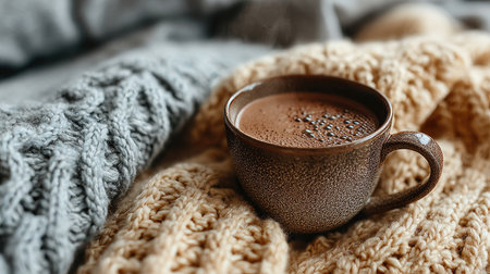 A steaming cup of cocoa rests on a soft knitted blanket, creating a cozy scene perfect for relaxation, warmth, and comfort during winter days.の素材